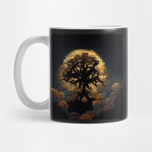 Large old oak tree at night surrounded by glowing magic mushrooms on the ground and a full moon in the sky with fractal clouds Mug